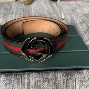 Gucci Black and Red Belt with Silver Buckle